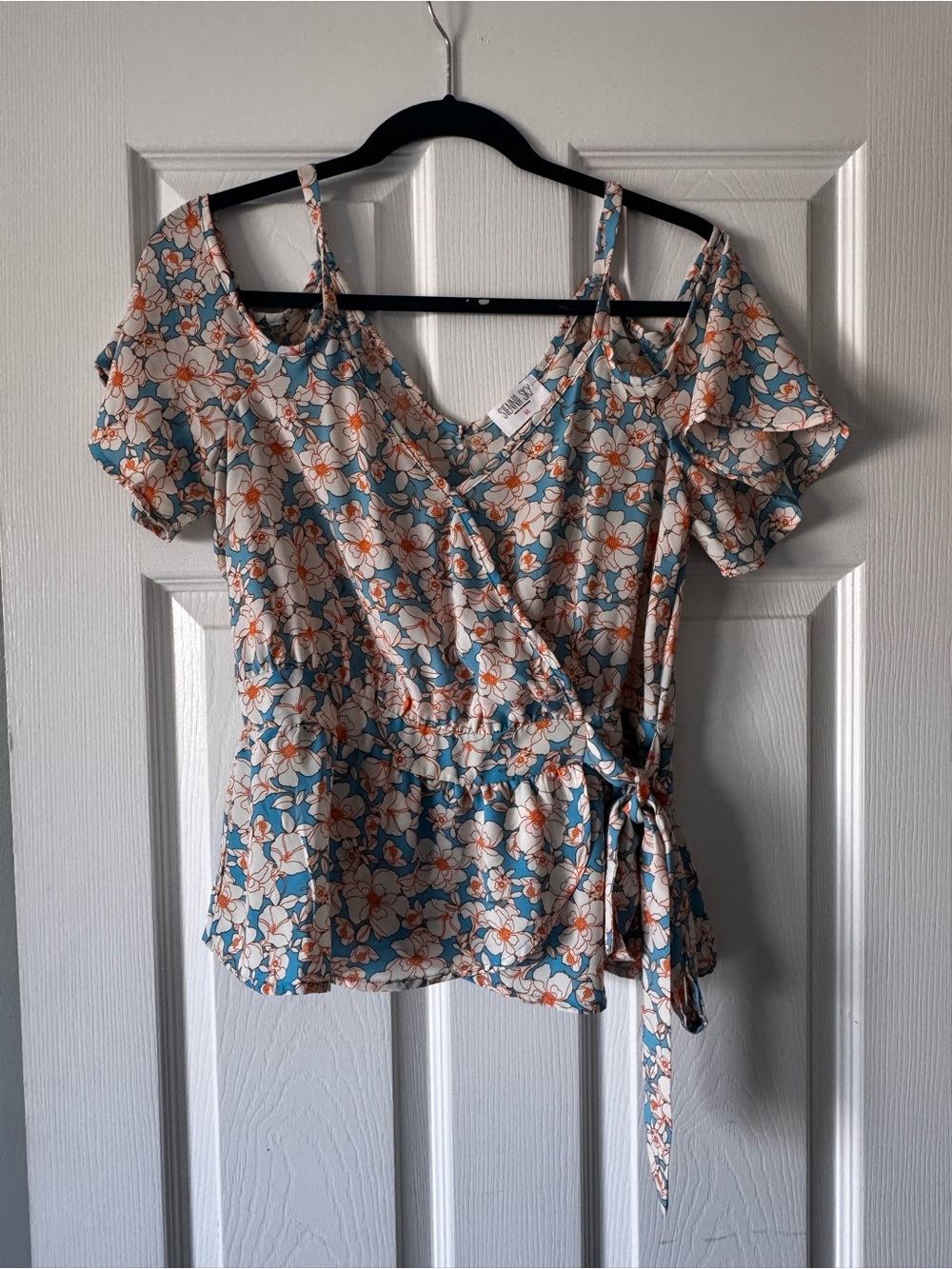 Sienna Sky Blue & White Floral Wrap Top with Orange Accents